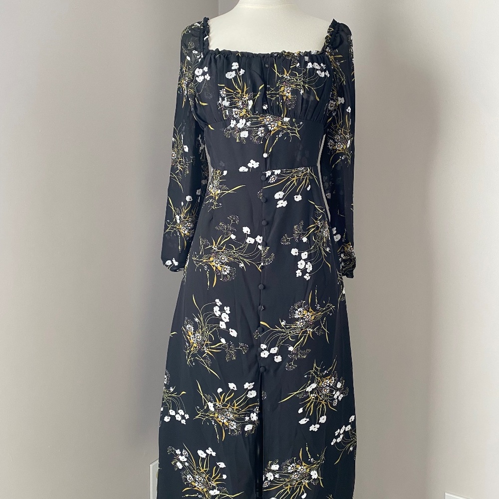 NWOT RIHOAS Black Floral Midi Dress with Front Slit